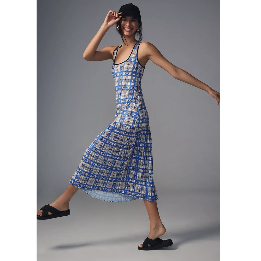 New Anthropologie Dhruv Kapoor Plaid Mesh Midi Dress $210 Blue X-Large Petite
